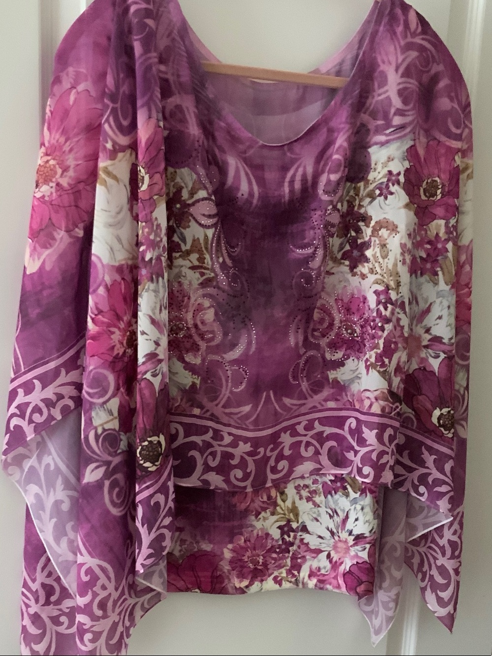 Sheer Floral Waterfall Top in Violet and Magenta